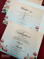KLB754 Lotus Floral Design Blue Pink Color Embossed Semi Box Wedding Card (2 Page & Couple Initial Acrylic)