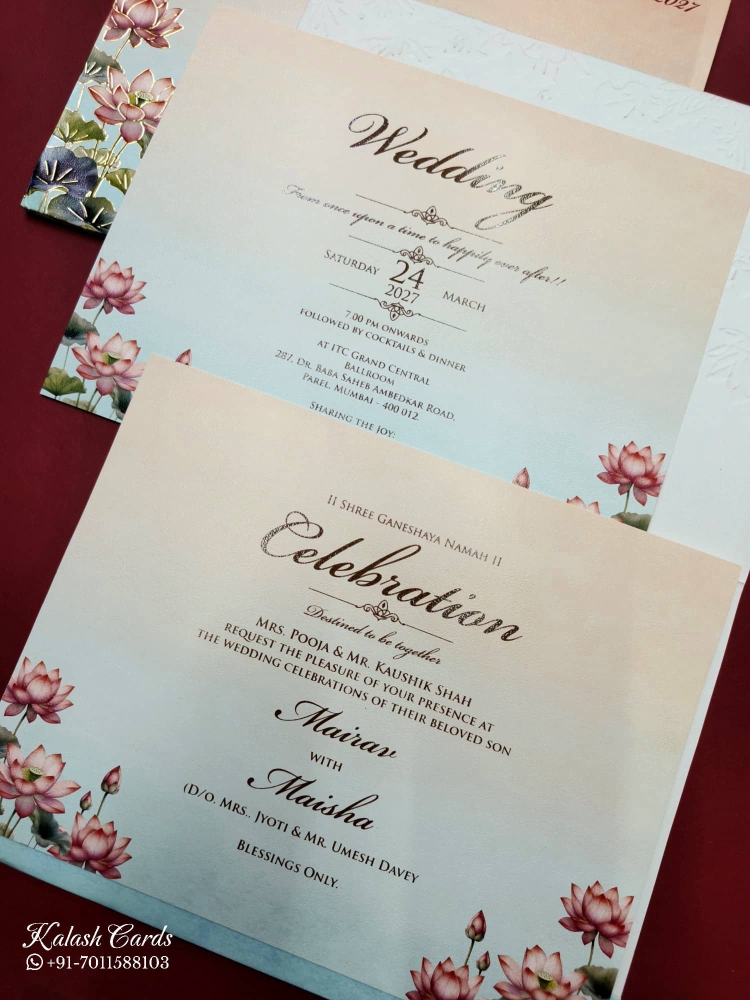 KLB754 Lotus Floral Design Blue Pink Color Embossed Semi Box Wedding Card (2 Page & Couple Initial Acrylic)