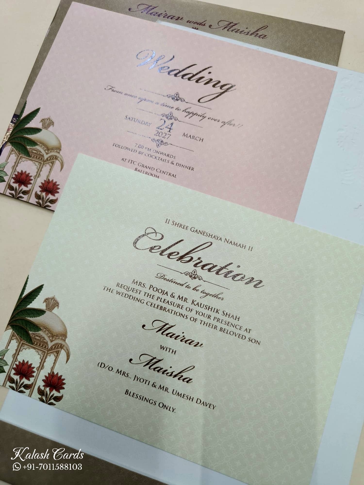 KLB755 Royal Fort Lotus Design Brown Color Embossed Semi Box Wedding Card (2 Page & Couple Name Acrylic)