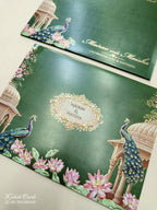 KLB756 Lotus Floral Peacock Design Green Color Semi Box Wedding Card (2 Page)