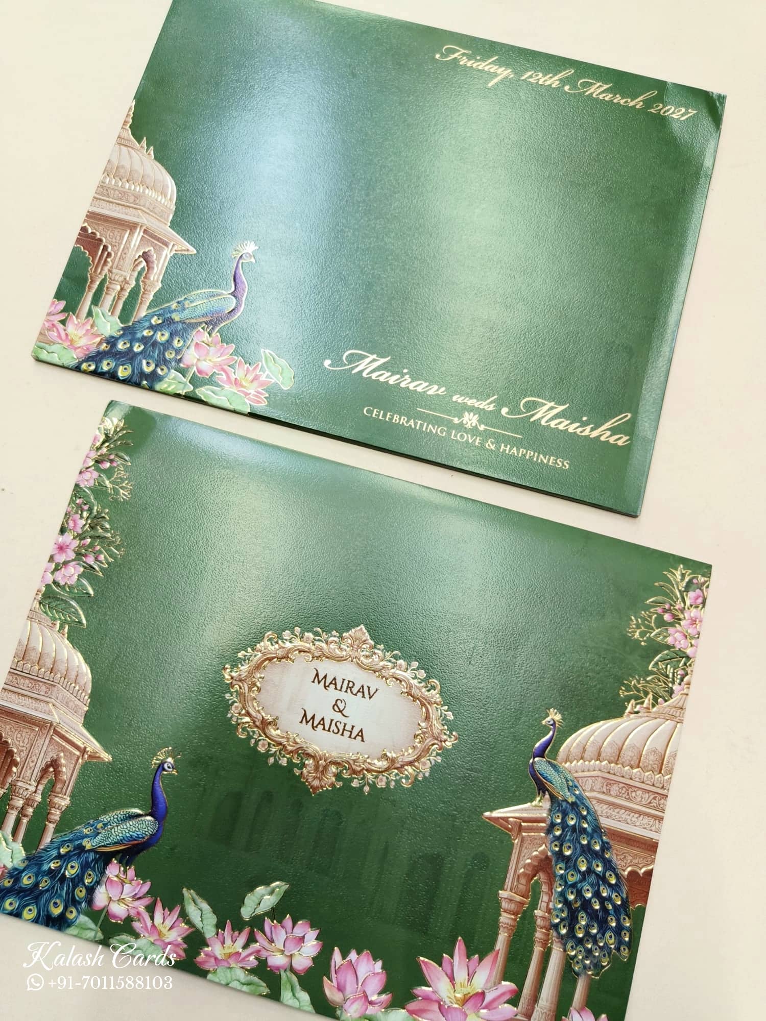 KLB756 Lotus Floral Peacock Design Green Color Semi Box Wedding Card (2 Page)