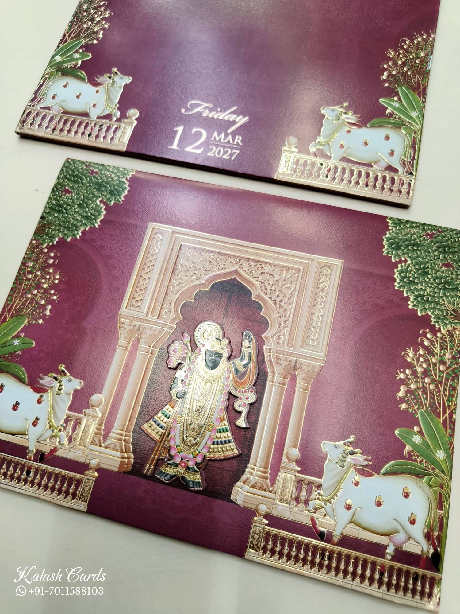KLB758 Pichwai Design Maroon Color Embossed Semi Box Wedding Card (2 Page)