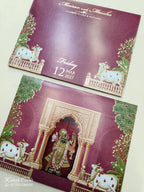 KLB758 Pichwai Design Maroon Color Embossed Semi Box Wedding Card (2 Page)