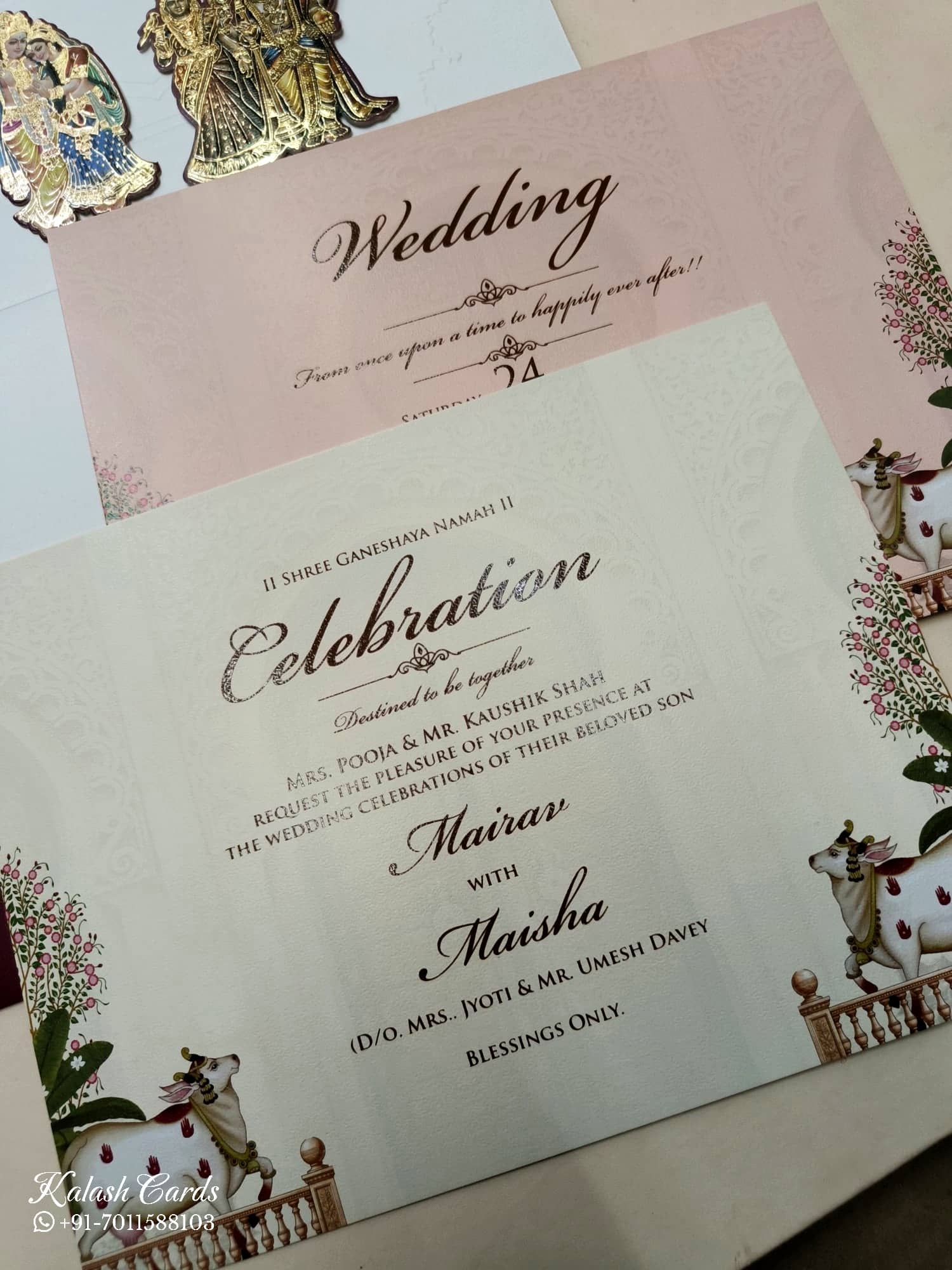 KLB758 Pichwai Design Maroon Color Embossed Semi Box Wedding Card (2 Page)