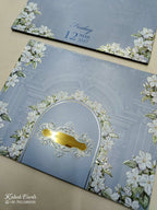 KLB759 Floral Design Blue Color Embossed Semi Box Wedding Card (2 Page & Couple Name Acrylic)