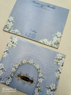 KLB759 Floral Design Blue Color Embossed Semi Box Wedding Card (2 Page & Couple Name Acrylic)