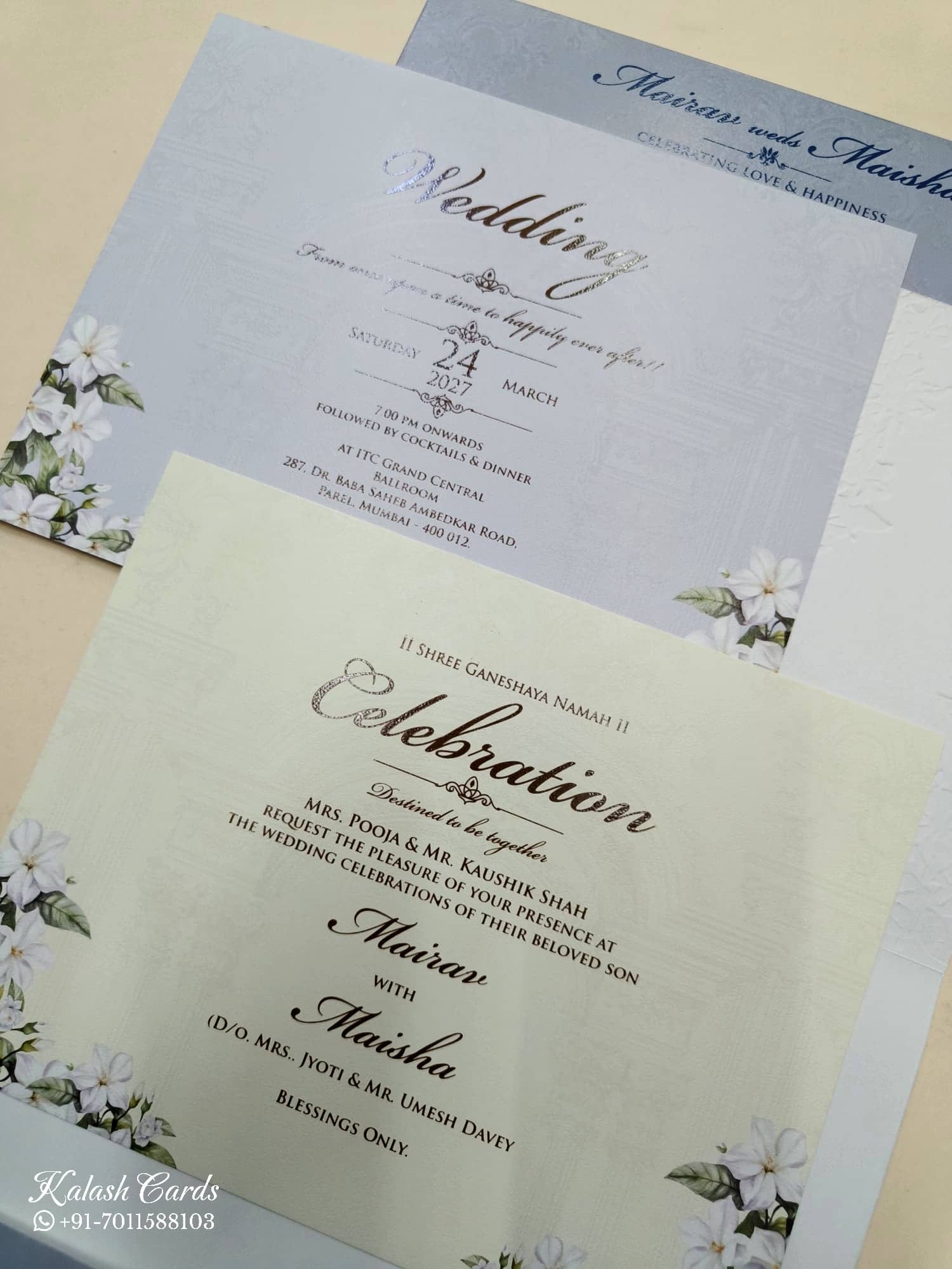 KLB759 Floral Design Blue Color Embossed Semi Box Wedding Card (2 Page & Couple Name Acrylic)