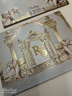 KLB760 Elephant Design Brown Color Embossed Semi Box Wedding Card (2 Page & Couple Initial Acrylic)