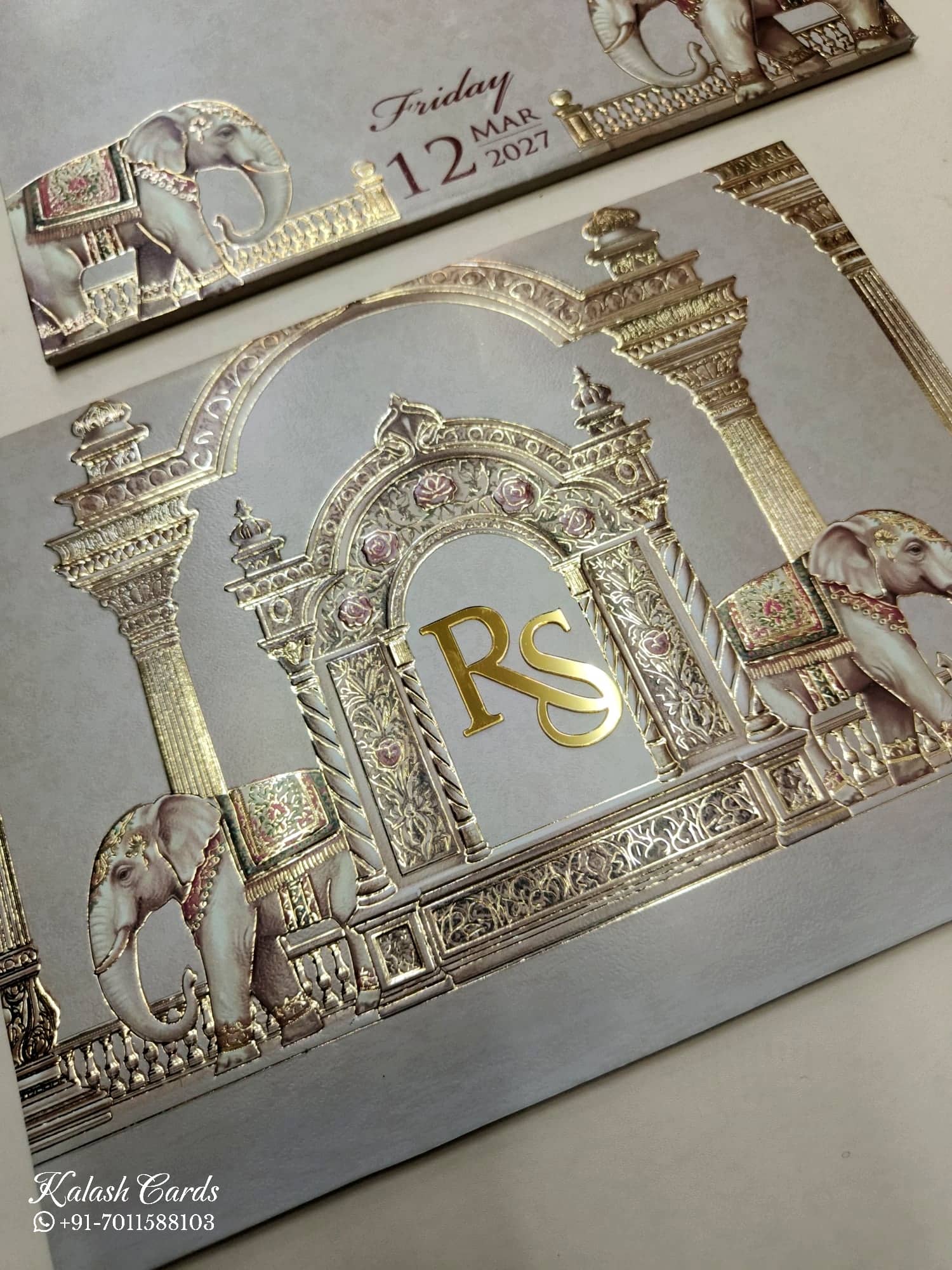 KLB760 Elephant Design Brown Color Embossed Semi Box Wedding Card (2 Page & Couple Initial Acrylic)