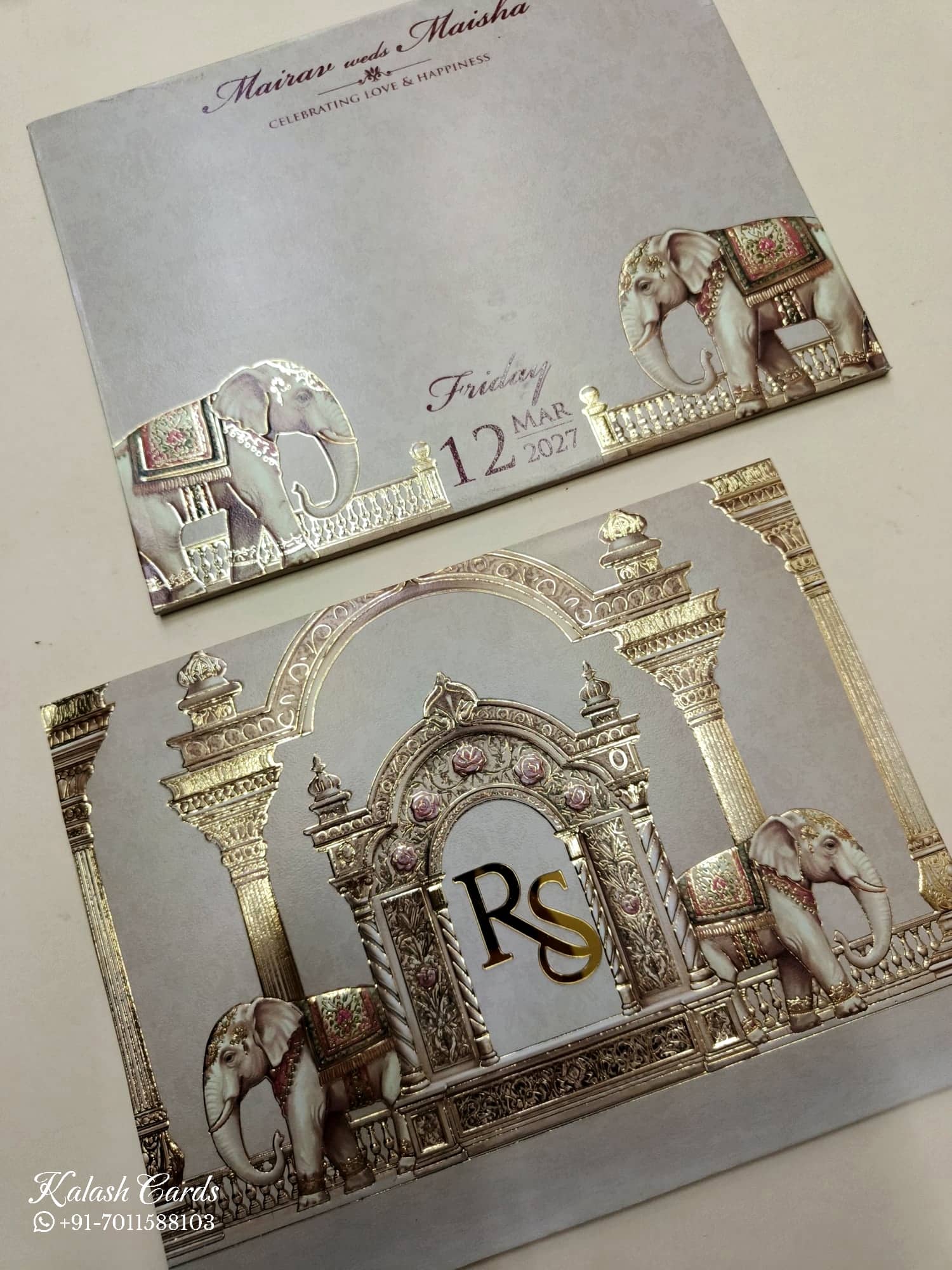 KLB760 Elephant Design Brown Color Embossed Semi Box Wedding Card (2 Page & Couple Initial Acrylic)