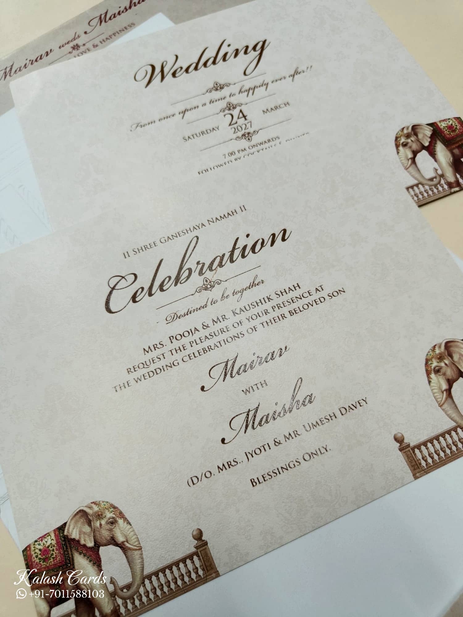 KLB760 Elephant Design Brown Color Embossed Semi Box Wedding Card (2 Page & Couple Initial Acrylic)