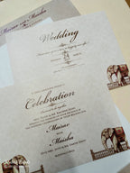 KLB760 Elephant Design Brown Color Embossed Semi Box Wedding Card (2 Page & Couple Initial Acrylic)