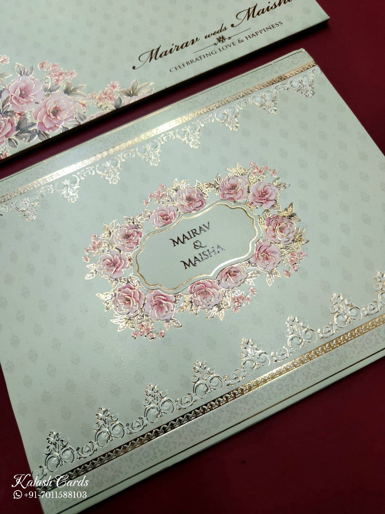 KLB761 Rose Floral Design Green Color Embossed Semi Box Wedding Card (2 Page)