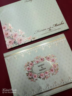 KLB761 Rose Floral Design Green Color Embossed Semi Box Wedding Card (2 Page)