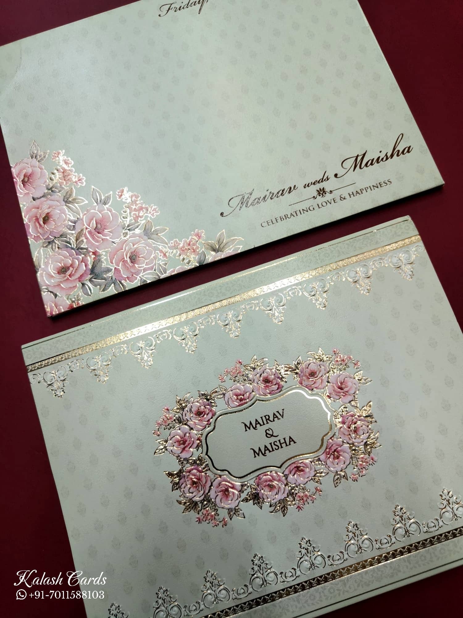 KLB761 Rose Floral Design Green Color Embossed Semi Box Wedding Card (2 Page)