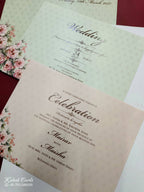 KLB761 Rose Floral Design Green Color Embossed Semi Box Wedding Card (2 Page)