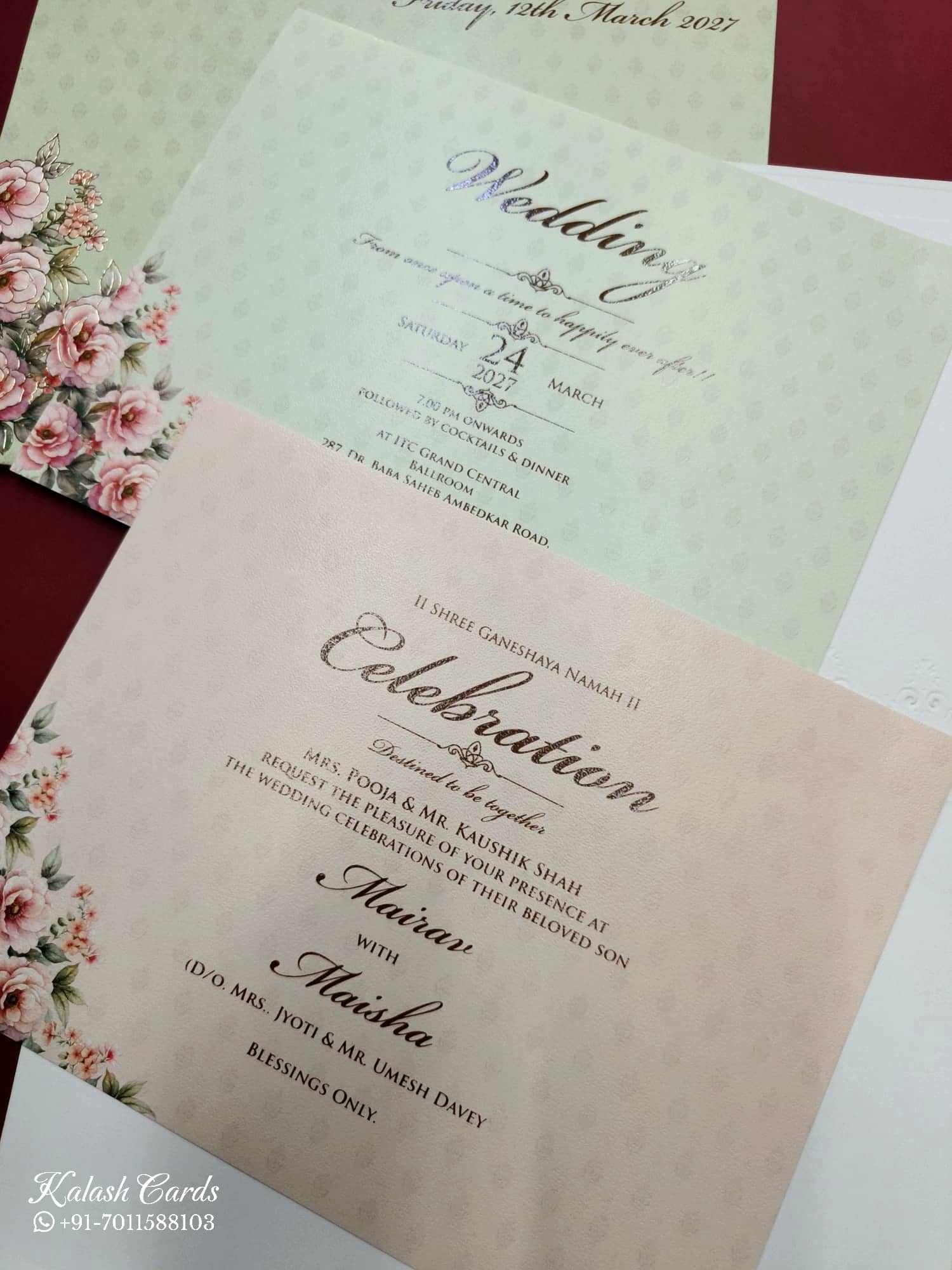 KLB761 Rose Floral Design Green Color Embossed Semi Box Wedding Card (2 Page)