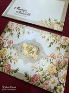 KLB762 Rose Floral Doli Design Creme Color Embossed Semi Box Wedding Card (2 Page & Couple Initial Acrylic)