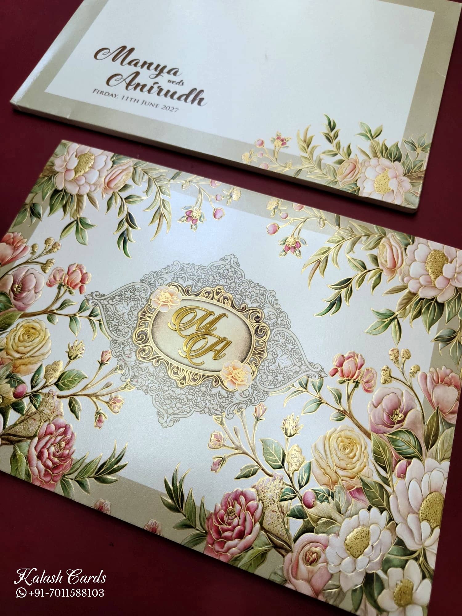 KLB762 Rose Floral Doli Design Creme Color Embossed Semi Box Wedding Card (2 Page & Couple Initial Acrylic)