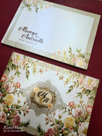 KLB762 Rose Floral Doli Design Creme Color Embossed Semi Box Wedding Card (2 Page & Couple Initial Acrylic)