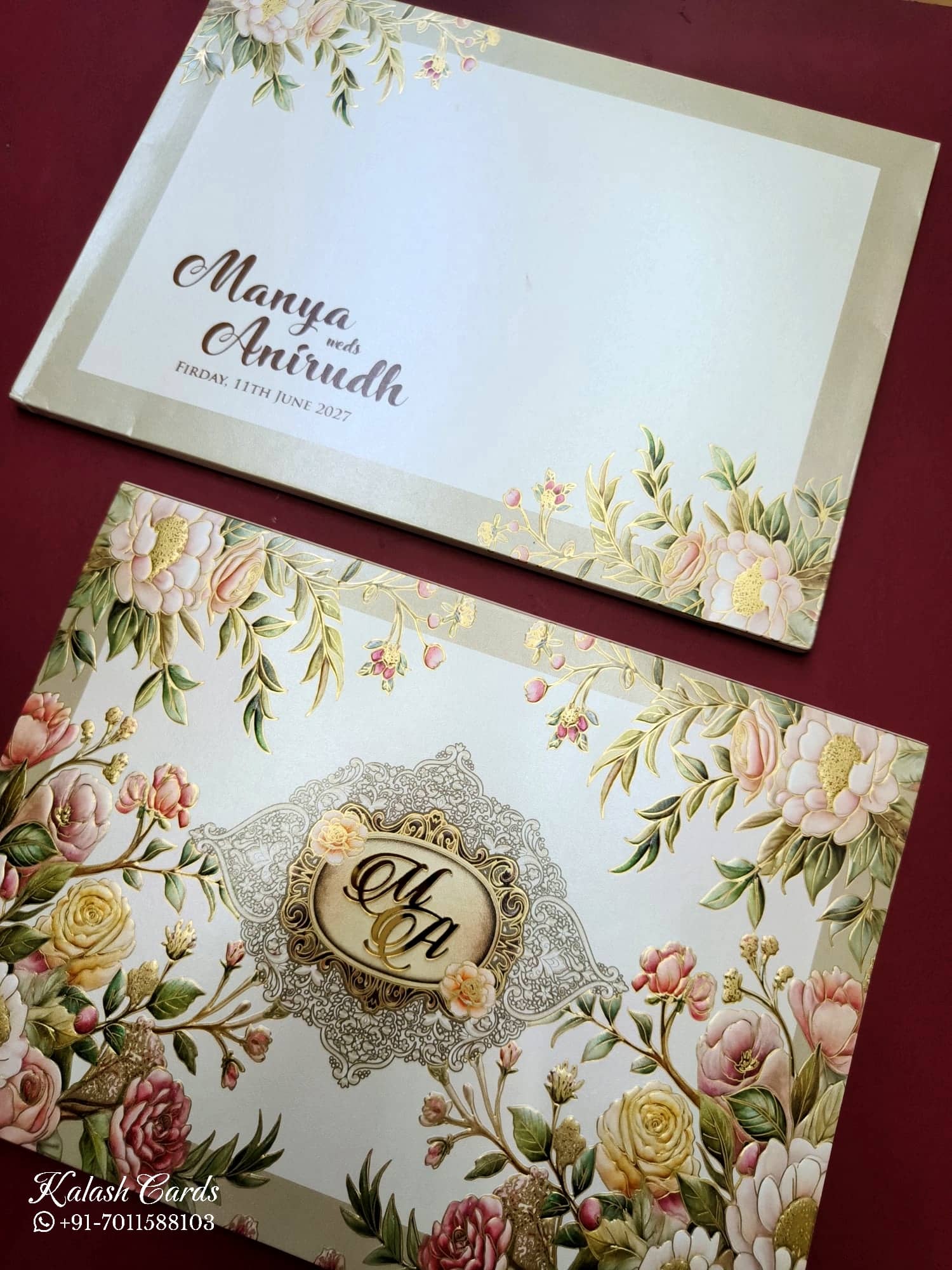 KLB762 Rose Floral Doli Design Creme Color Embossed Semi Box Wedding Card (2 Page & Couple Initial Acrylic)