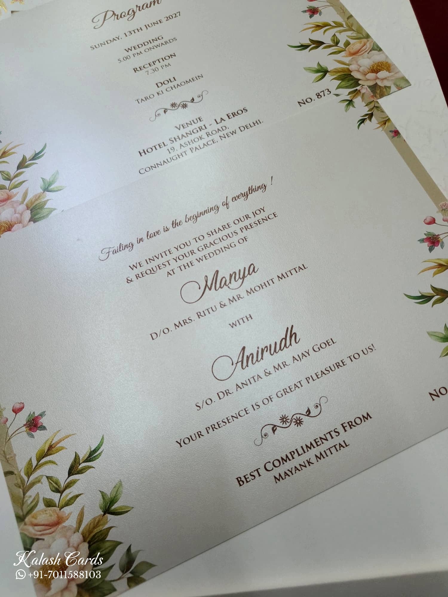 KLB762 Rose Floral Doli Design Creme Color Embossed Semi Box Wedding Card (2 Page & Couple Initial Acrylic)
