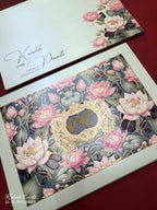 KLB763 Lotus Floral Design Blue Color Embossed Semi Box Wedding Card (2 Page)