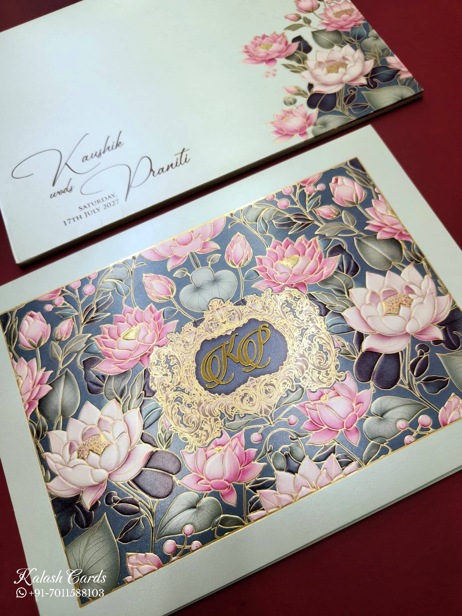 KLB763 Lotus Floral Design Blue Color Embossed Semi Box Wedding Card (2 Page)