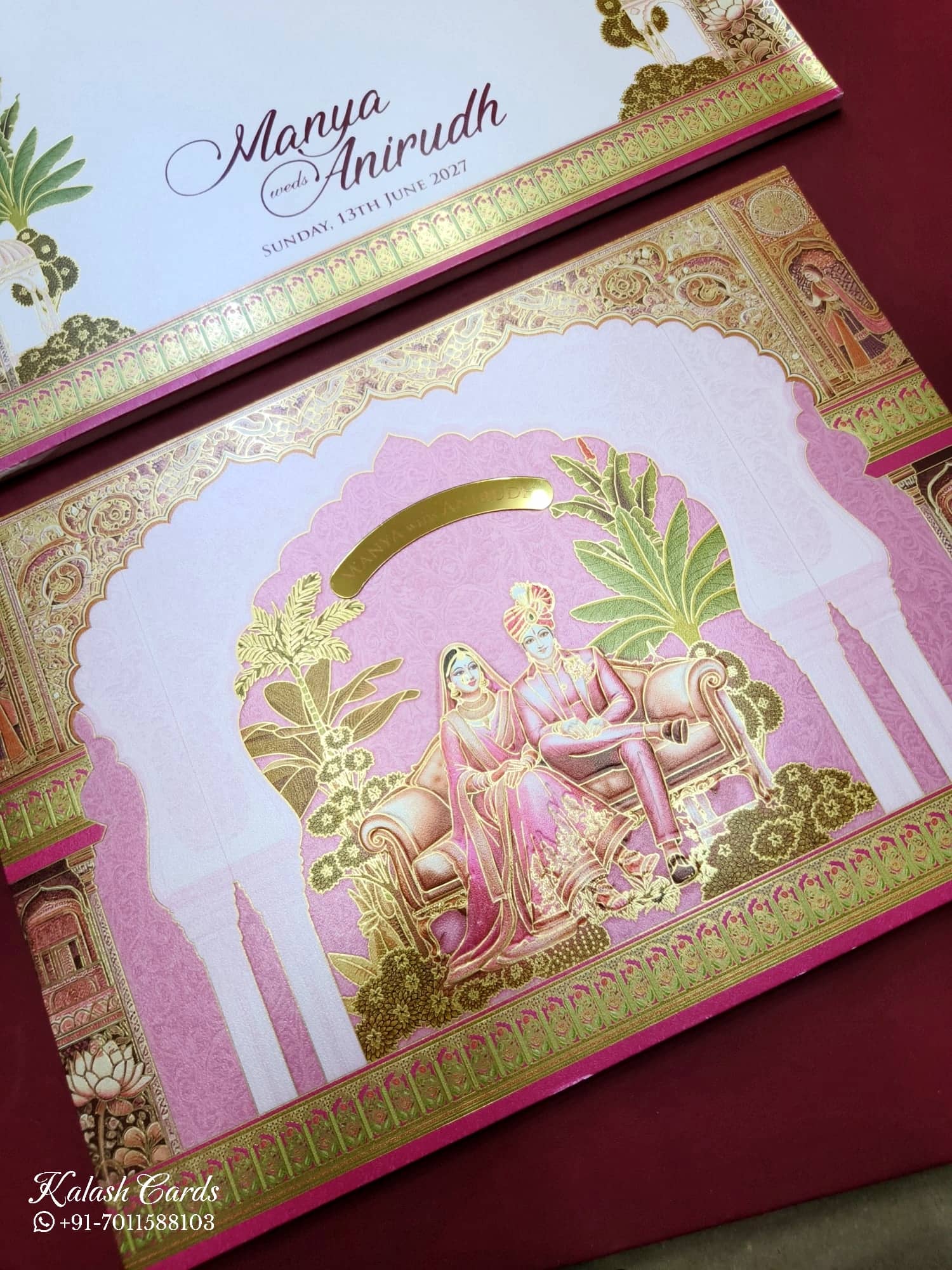 KLB764 Dulha Dulhan Design Pink Color Embossed Semi Box Wedding Card (2 Page)