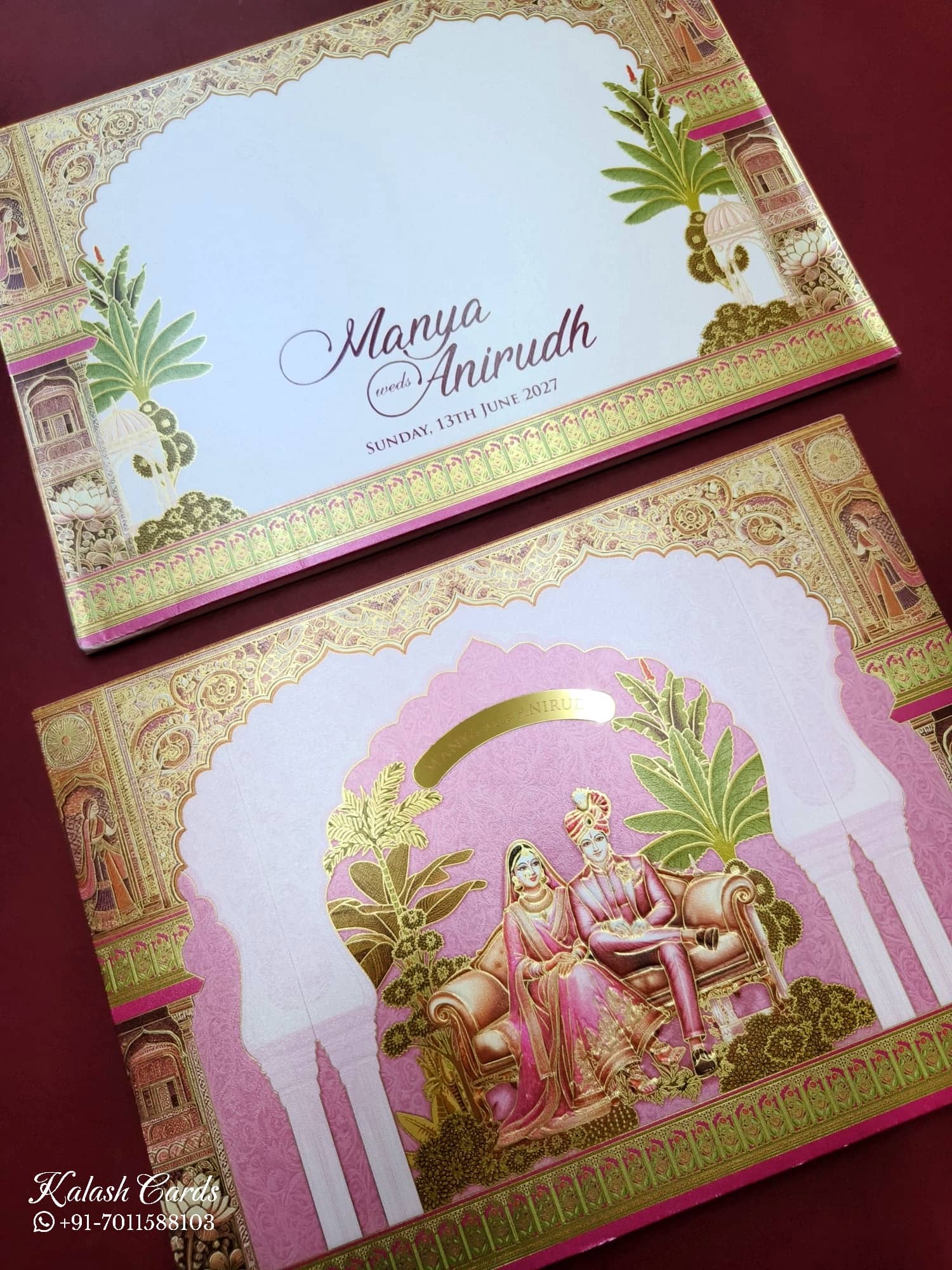 KLB764 Dulha Dulhan Design Pink Color Embossed Semi Box Wedding Card (2 Page)