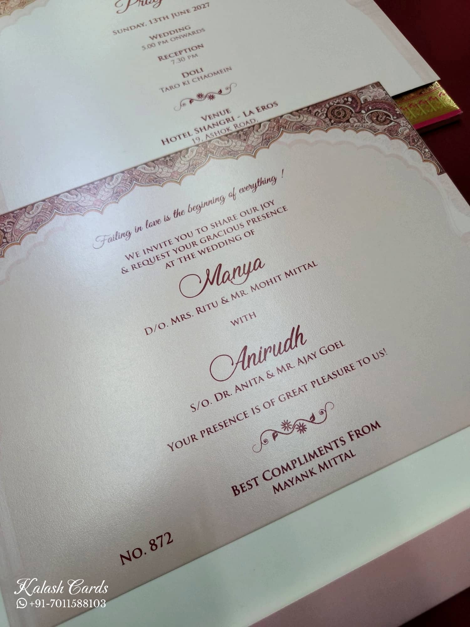 KLB764 Dulha Dulhan Design Pink Color Embossed Semi Box Wedding Card (2 Page)