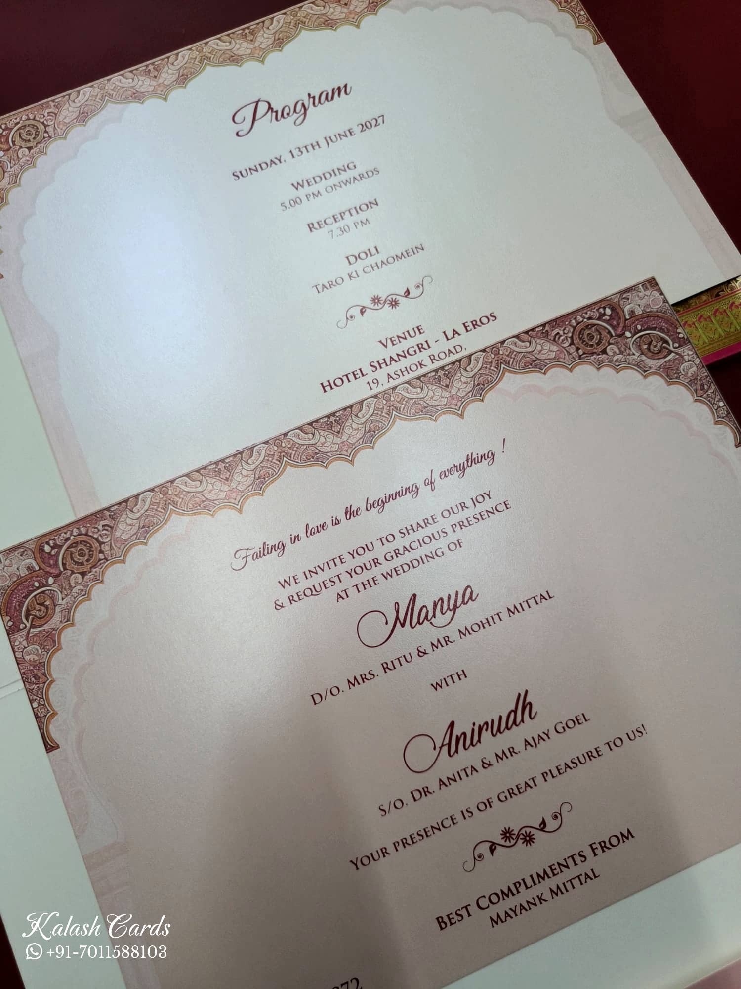 KLB764 Dulha Dulhan Design Pink Color Embossed Semi Box Wedding Card (2 Page)