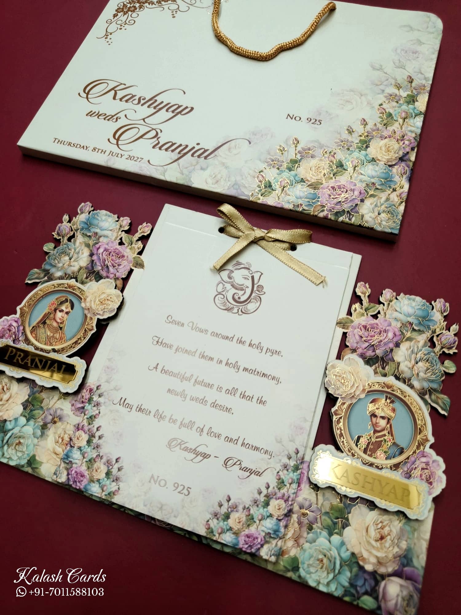 KLB765 Raja Rani Design Green Color Laser Cut Carry Bag Style MDF Thick Wedding Card (2 Page & Couple Name Acrylic)