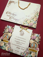 KLB765 Raja Rani Design Green Color Laser Cut Carry Bag Style MDF Thick Wedding Card (2 Page & Couple Name Acrylic)