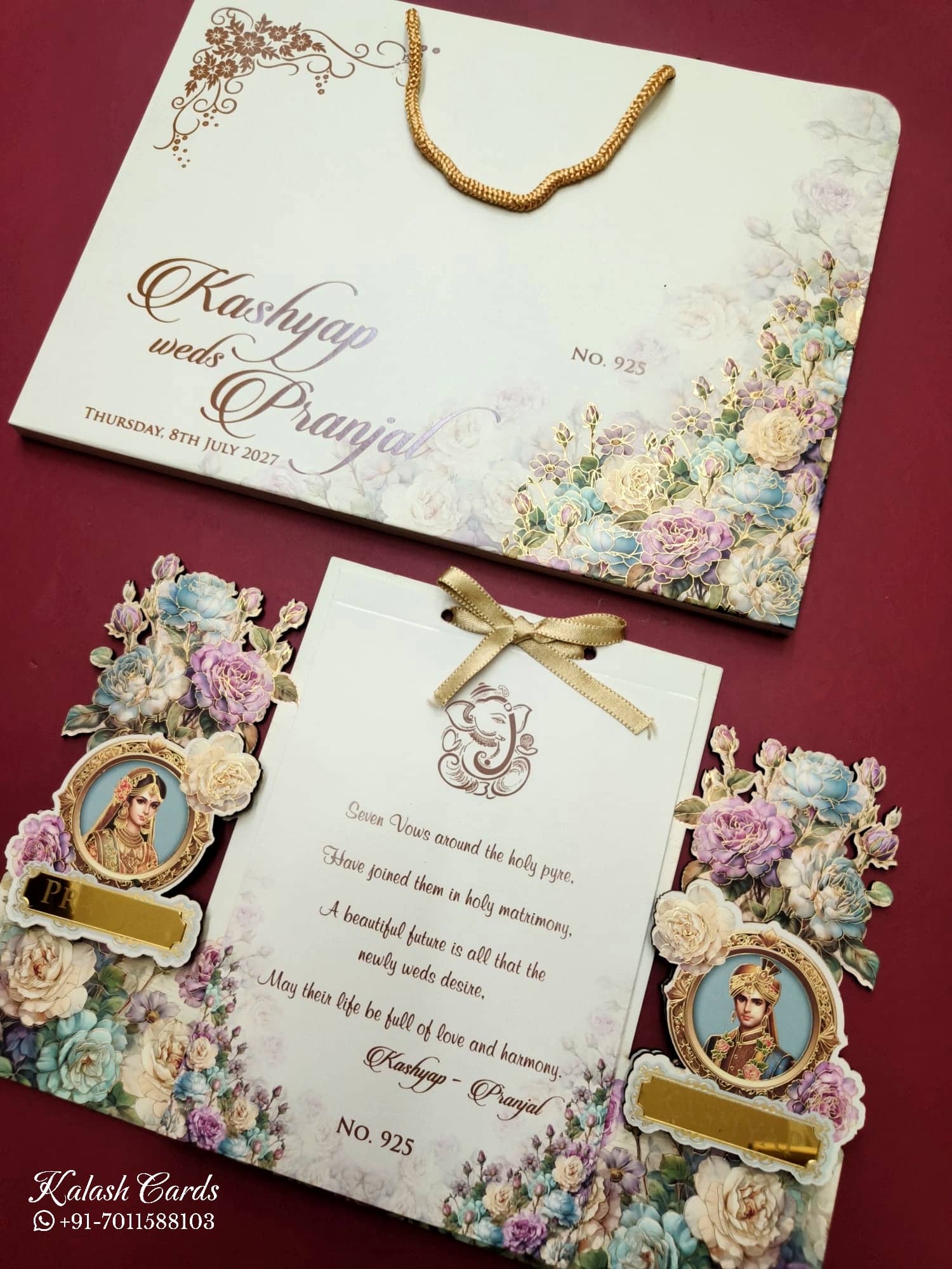KLB765 Raja Rani Design Green Color Laser Cut Carry Bag Style MDF Thick Wedding Card (2 Page & Couple Name Acrylic)