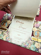KLB765 Raja Rani Design Green Color Laser Cut Carry Bag Style MDF Thick Wedding Card (2 Page & Couple Name Acrylic)