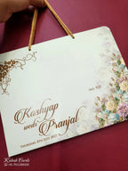 KLB765 Raja Rani Design Green Color Laser Cut Carry Bag Style MDF Thick Wedding Card (2 Page & Couple Name Acrylic)