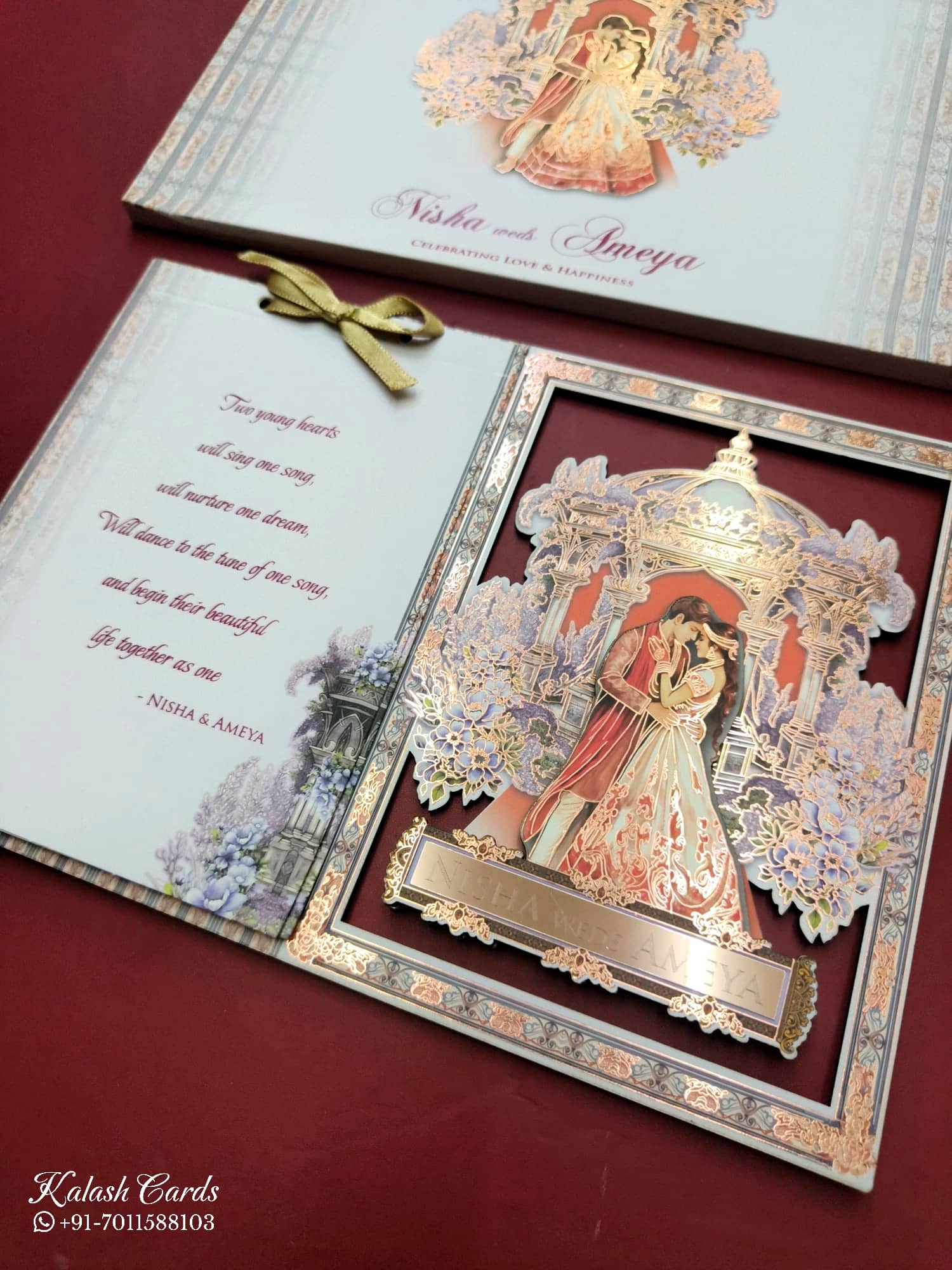 KLB766 Dulha Dulhan Mandap Design Blue Color Laser Cut MDF Thick Wedding Card (2 Page & Couple Name Acrylic)