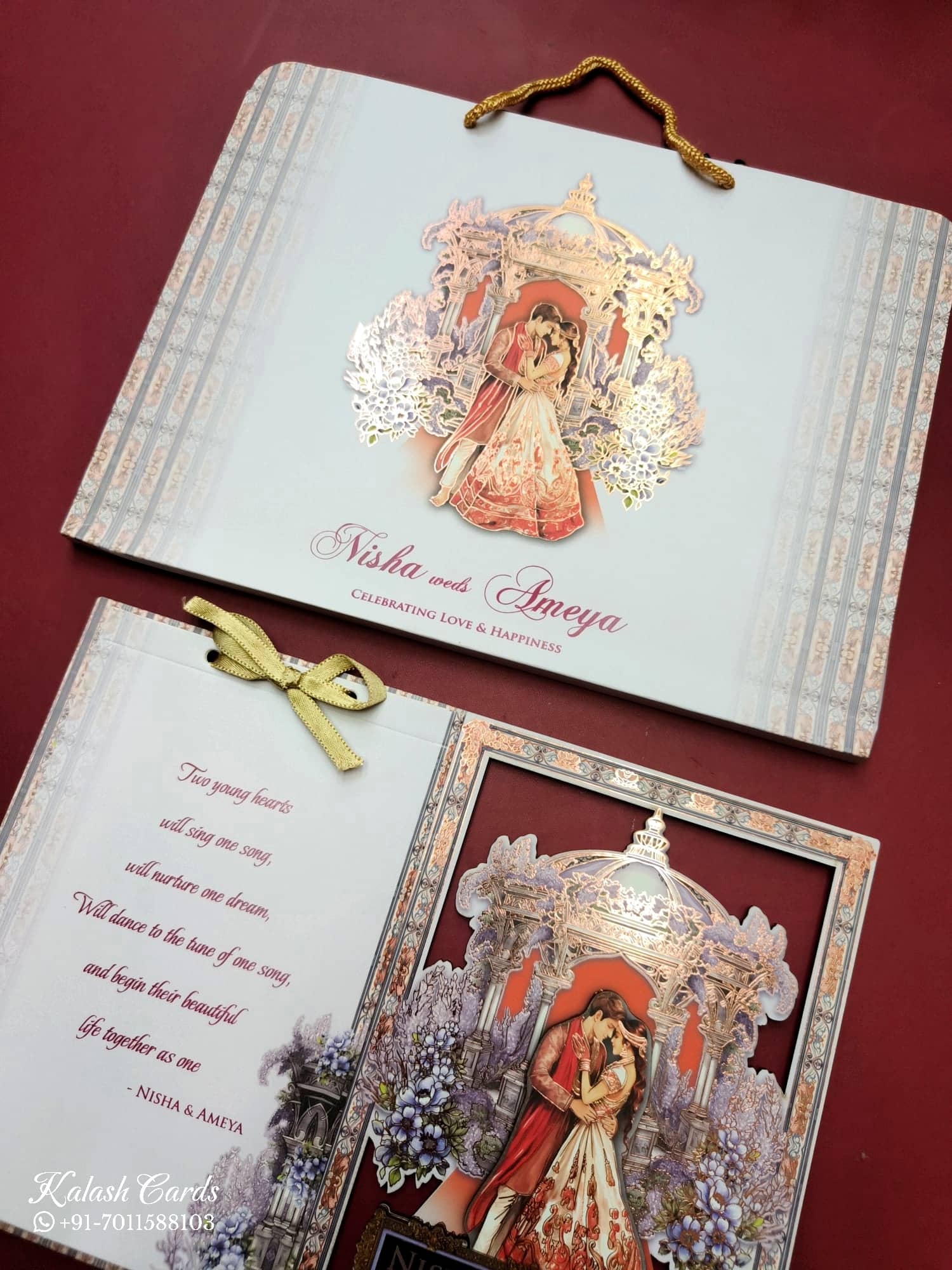 KLB766 Dulha Dulhan Mandap Design Blue Color Laser Cut MDF Thick Wedding Card (2 Page & Couple Name Acrylic)