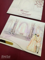 KLB767 Dulha Dulhan Mandap Design Creme Purple Color Semi Box Wedding Card (2 Page & Couple Name Acrylic)