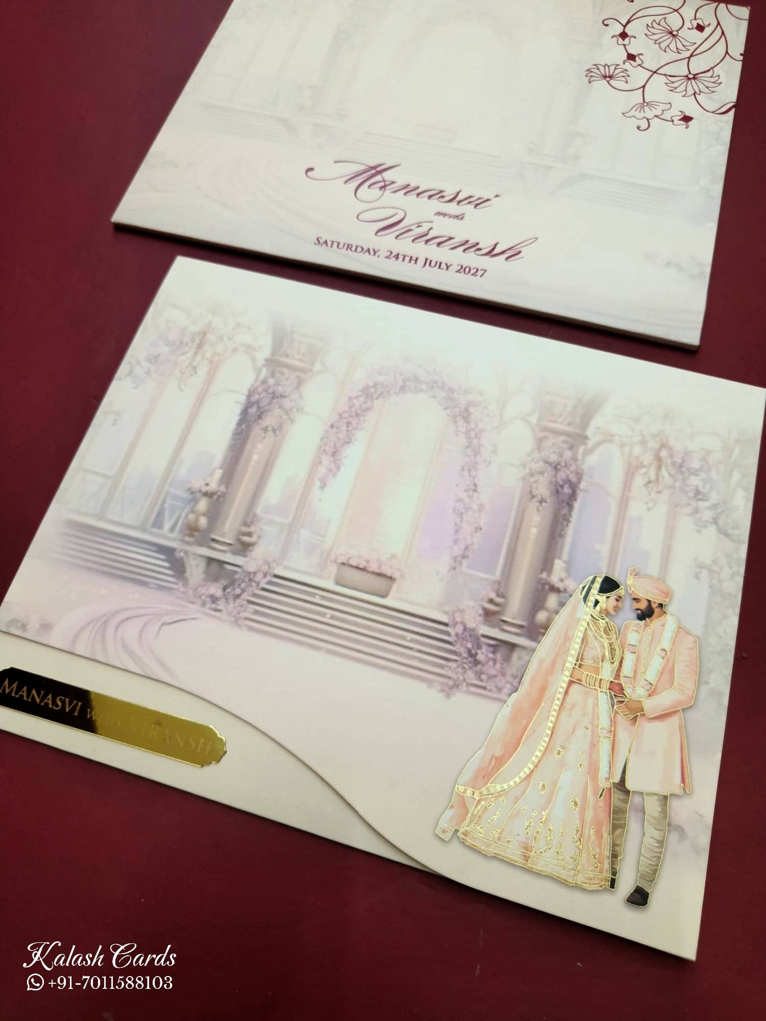 KLB767 Dulha Dulhan Mandap Design Creme Purple Color Semi Box Wedding Card (2 Page & Couple Name Acrylic)