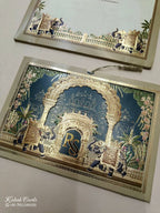 KLB768 Royal Fort Elephant Design Blue Golden Color Laser Cut Semi Box Wedding Card (2 Page & Couple Initial Acrylic)