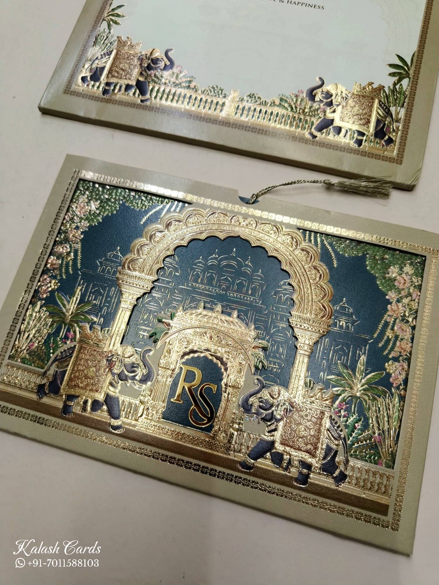 KLB768 Royal Fort Elephant Design Blue Golden Color Laser Cut Semi Box Wedding Card (2 Page & Couple Initial Acrylic)