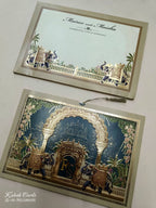 KLB768 Royal Fort Elephant Design Blue Golden Color Laser Cut Semi Box Wedding Card (2 Page & Couple Initial Acrylic)