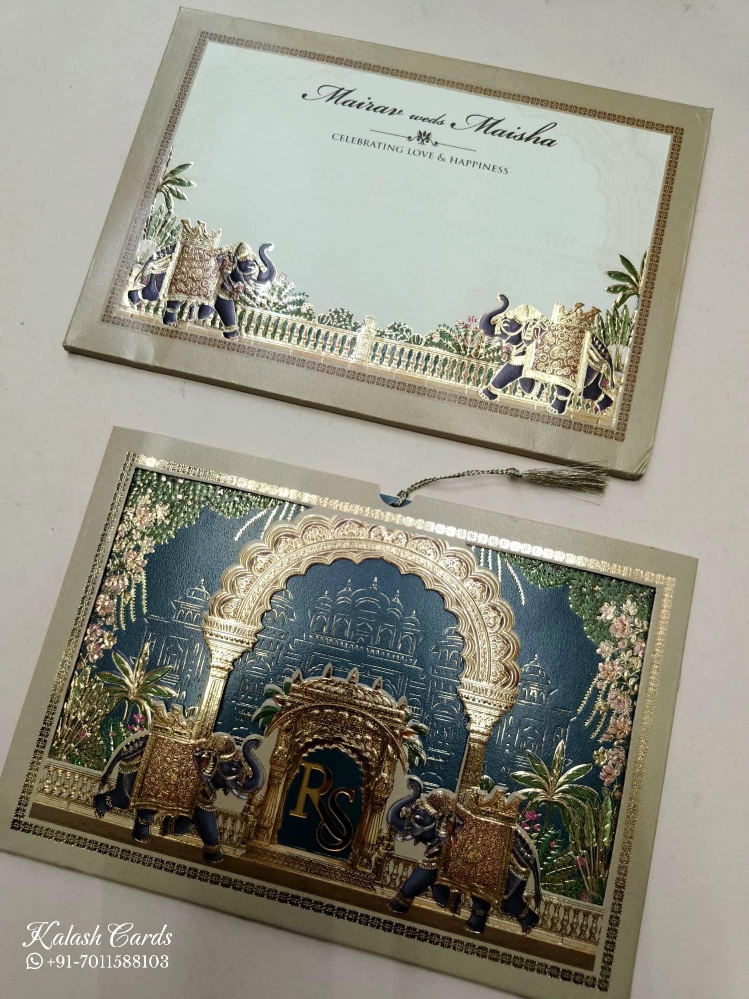 KLB768 Royal Fort Elephant Design Blue Golden Color Laser Cut Semi Box Wedding Card (2 Page & Couple Initial Acrylic)