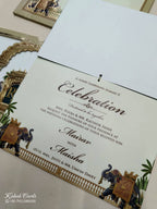 KLB768 Royal Fort Elephant Design Blue Golden Color Laser Cut Semi Box Wedding Card (2 Page & Couple Initial Acrylic)