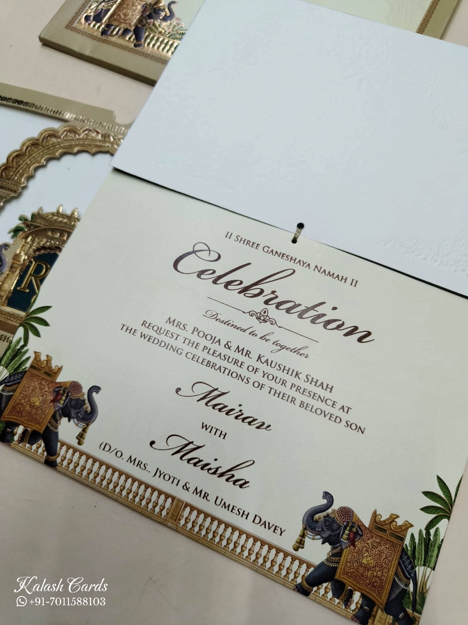 KLB768 Royal Fort Elephant Design Blue Golden Color Laser Cut Semi Box Wedding Card (2 Page & Couple Initial Acrylic)