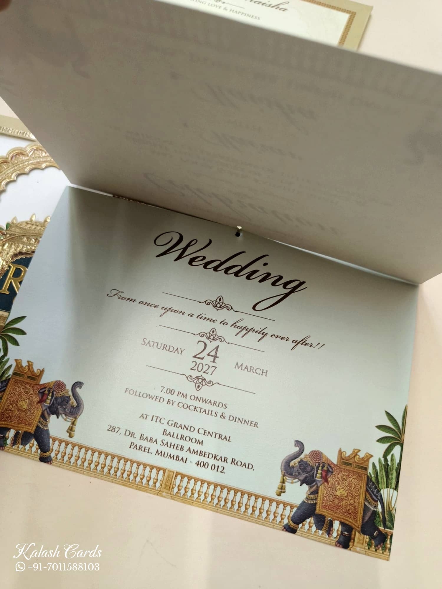 KLB768 Royal Fort Elephant Design Blue Golden Color Laser Cut Semi Box Wedding Card (2 Page & Couple Initial Acrylic)