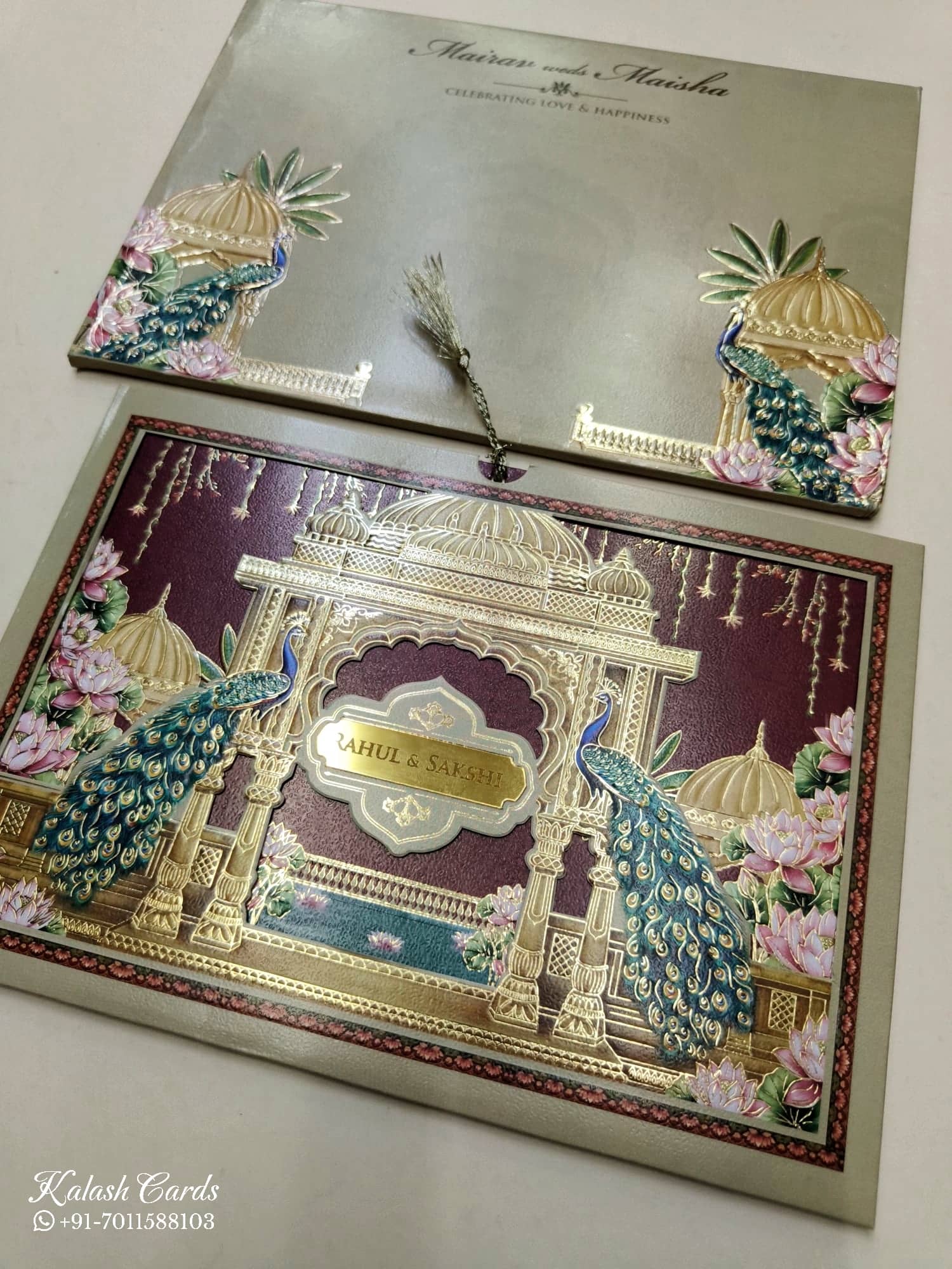 KLB769 Royal Fort Peacock Design Maroon Golden Color Laser Cut Semi Box Wedding Card (2 Page & Couple Name Acrylic)