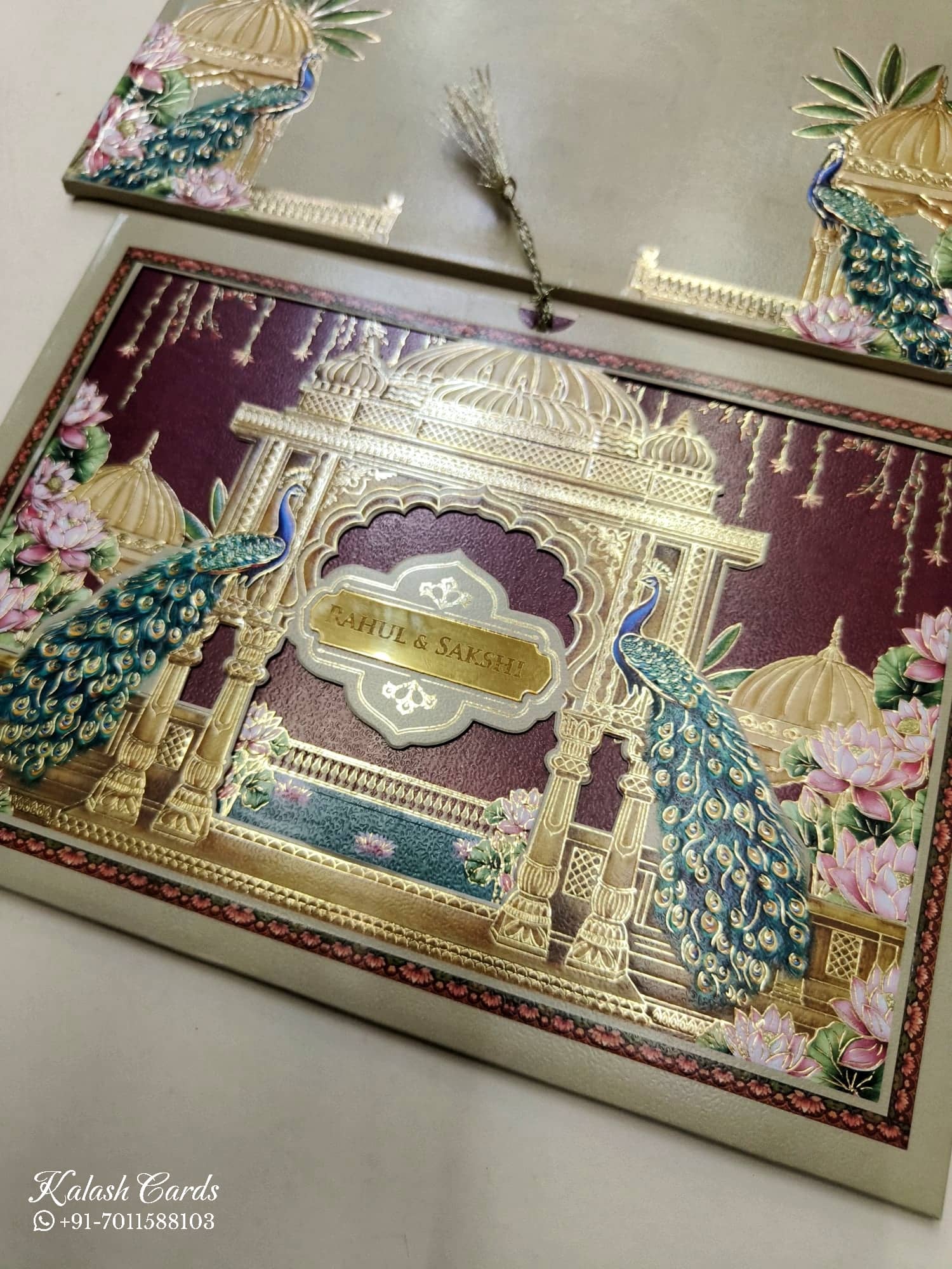 KLB769 Royal Fort Peacock Design Maroon Golden Color Laser Cut Semi Box Wedding Card (2 Page & Couple Name Acrylic)